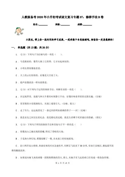 人教版备考2020年小升初考试语文复习专题07：修辞手法B卷