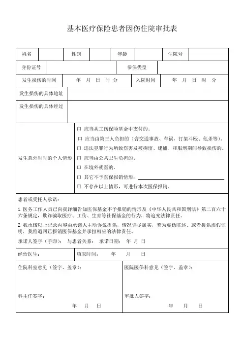 基本医疗保险患者因伤住院审批表