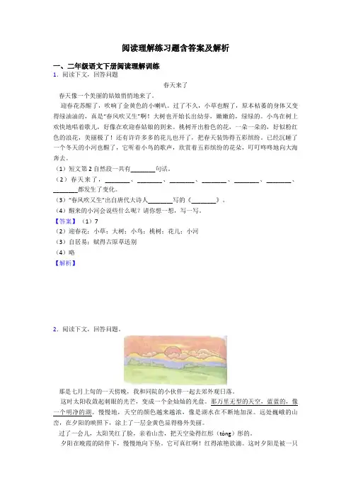 二年级阅读理解练习题含答案及解析