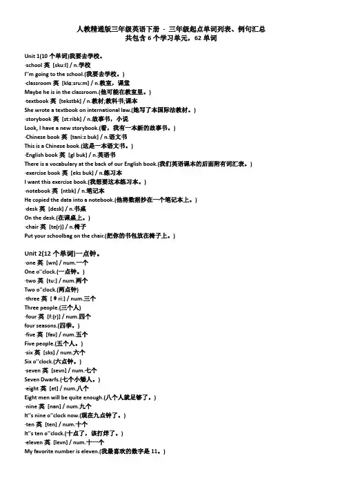 人教精通版英语单词,三年级下册