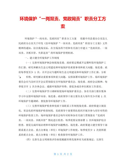 环境保护“一岗双责、党政同责”职责分工方案