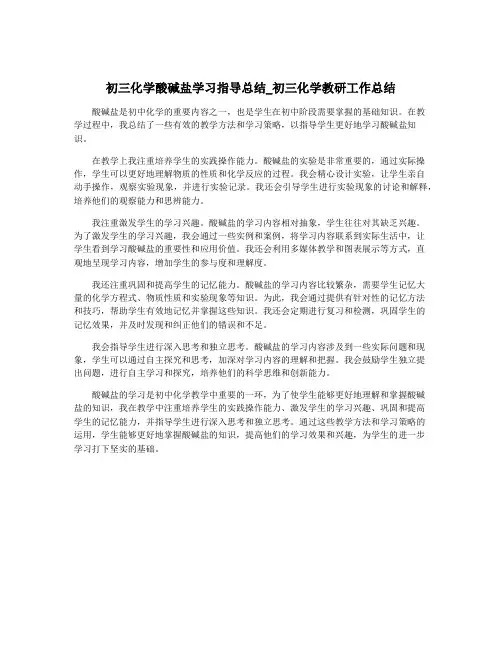 初三化学酸碱盐学习指导总结_初三化学教研工作总结