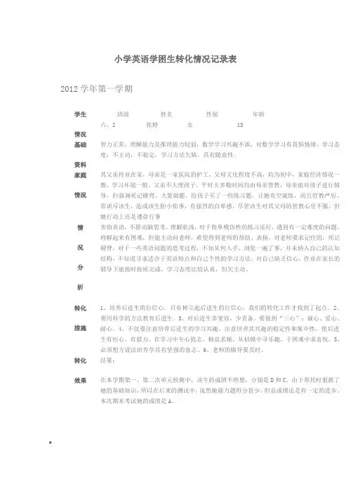 英语学困生转化情况记录表