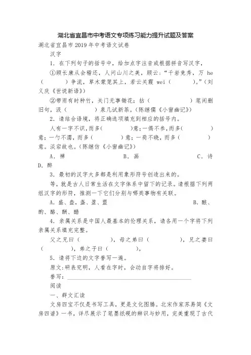湖北省宜昌市中考语文专项练习能力提升试题及答案_2