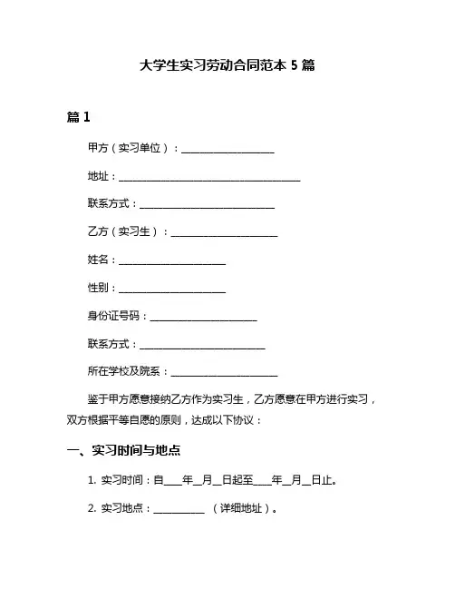 大学生实习劳动合同范本5篇
