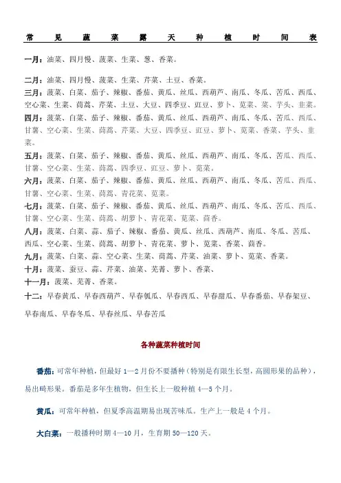 常见蔬菜露天种植时间表