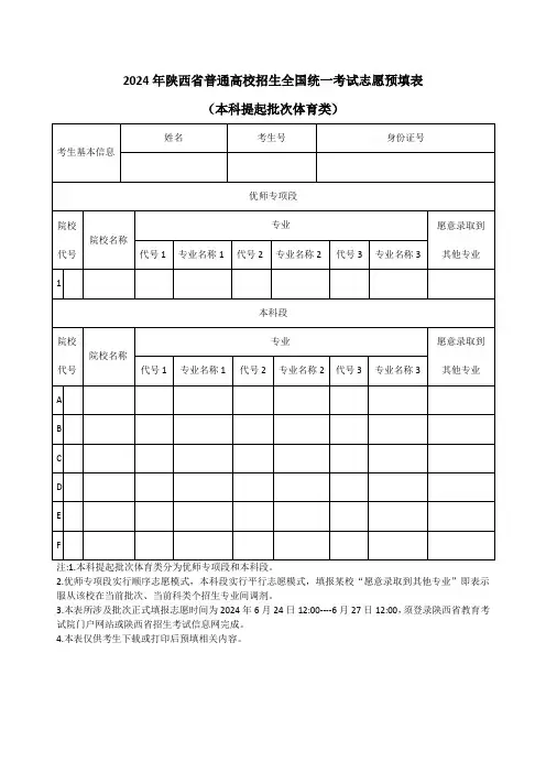 2024年陕西省普通高校招生全国统一考试志愿预填表(本科提起批次体育类)