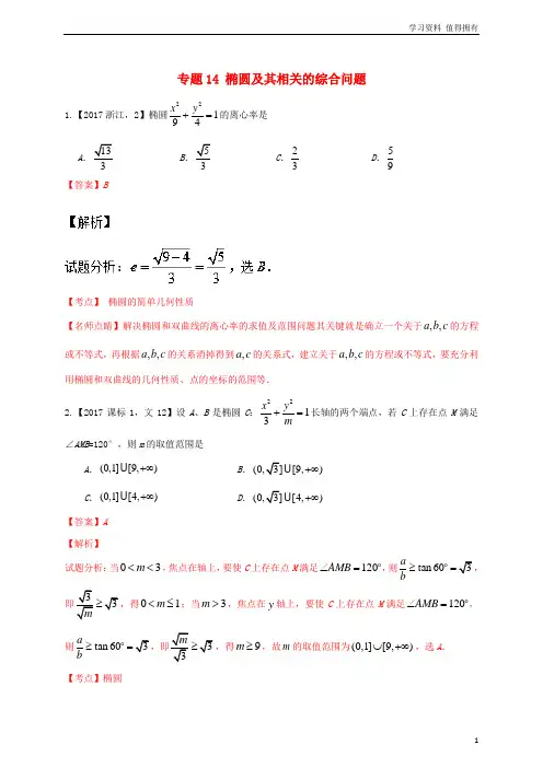 「精品」高考高考数学试题分项版解析专题14椭圆及其相关的综合问题文