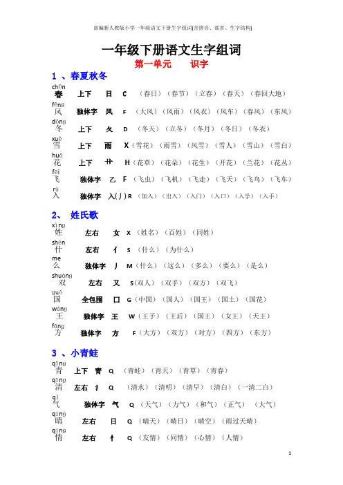 部编新人教版小学一年级语文下册生字组词(含拼音、部首、生字结构)