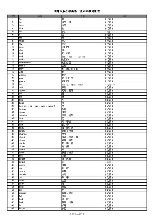 北师大版小学英语一至六年级词汇表