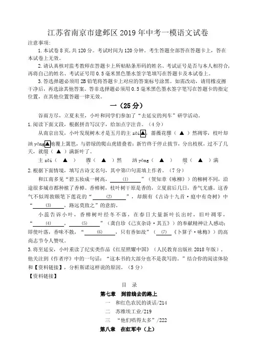 江苏省南京市建邺区2019年中考一模语文试卷含答案