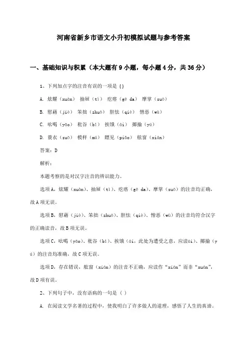 河南省新乡市语文小升初模拟试题与参考答案