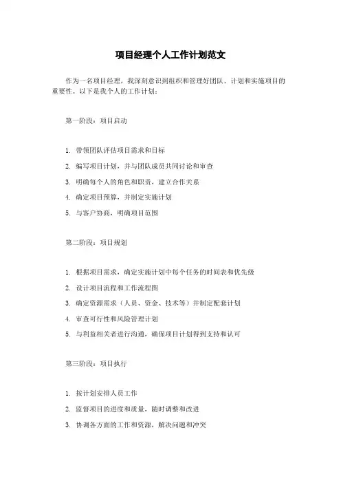 项目经理个人工作计划范文