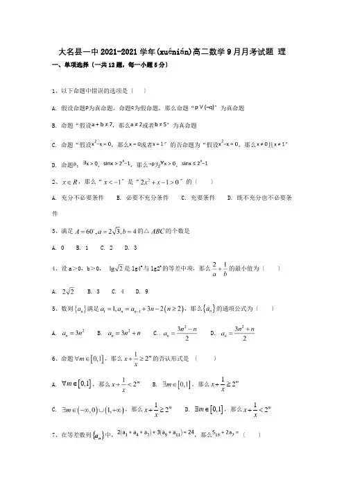 高二数学9月月考试题 理 试题 2(共11页)