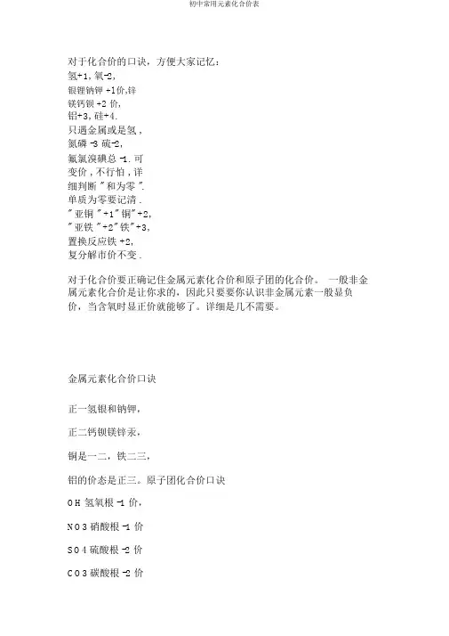 初中常用元素化合价表