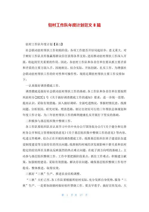 驻村工作队年度计划范文8篇