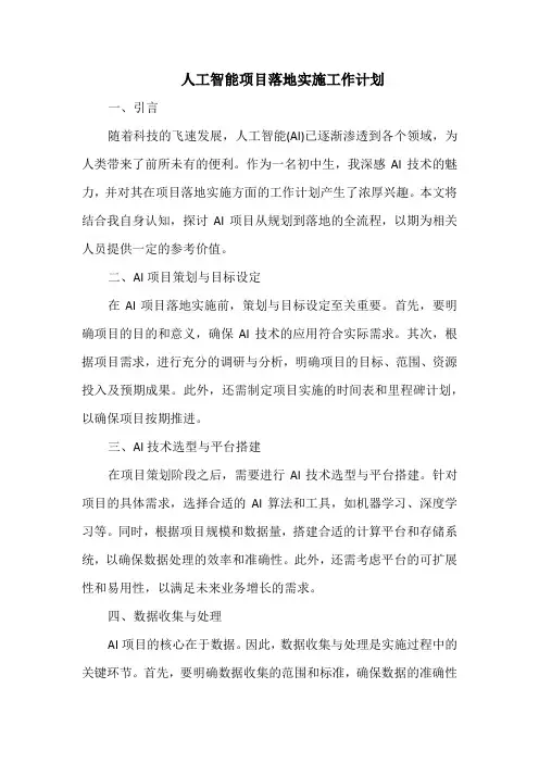 人工智能项目落地实施工作计划