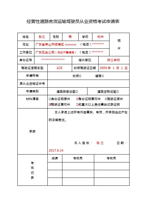 经营性道路客货运输驾驶员从业资格考试申请表【模板】