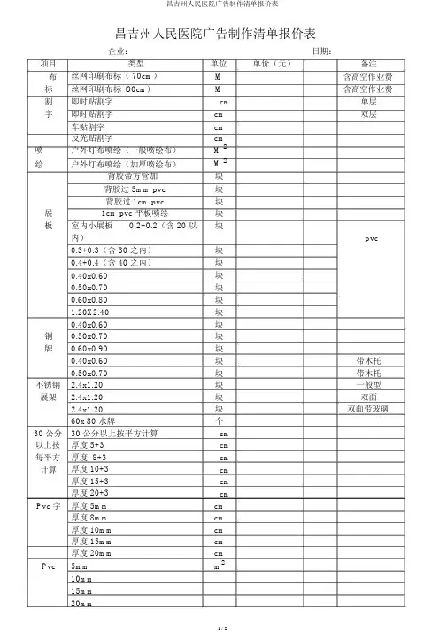 昌吉州人民医院广告制作清单报价表