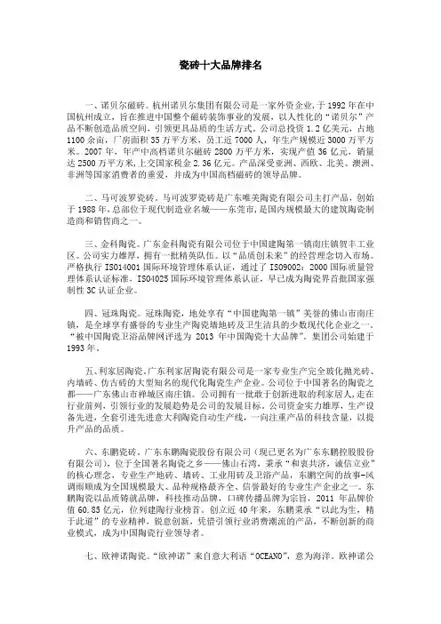 瓷砖十大品牌排名