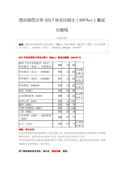 西北师范大学2017年会计硕士(MPAcc)复试分数线