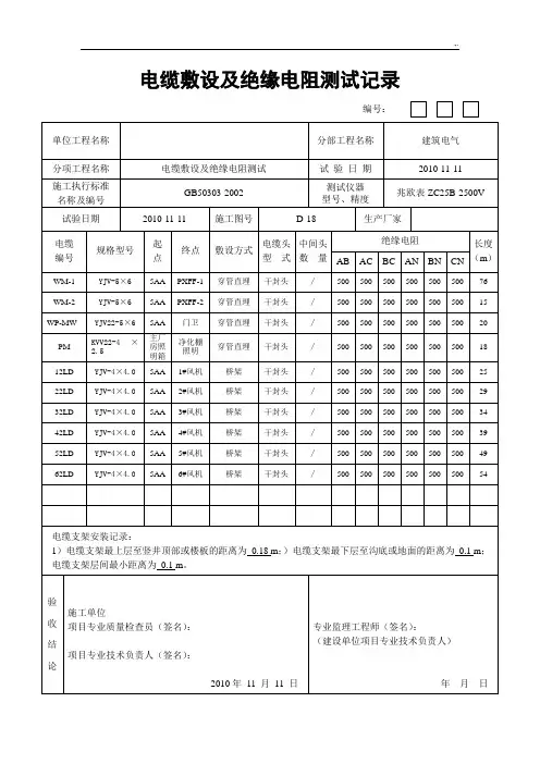 电缆绝缘电阻检查检验测试文本记录资料表