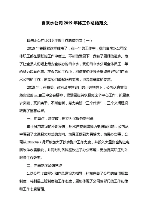 自来水公司2019年终工作总结范文