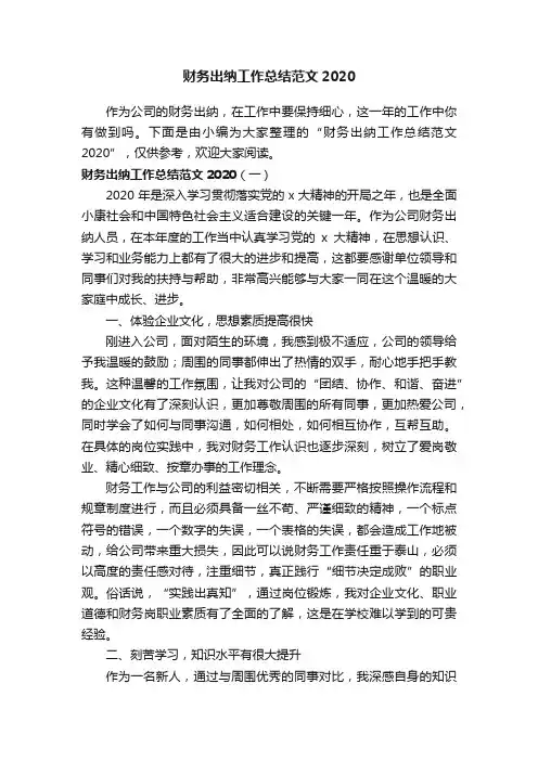 财务出纳工作总结范文2020
