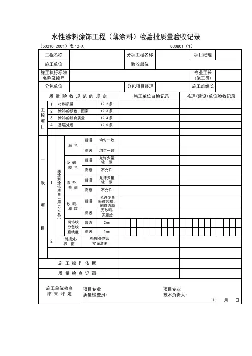 水性涂料涂饰工程(薄涂料)检验批质量验收记录表