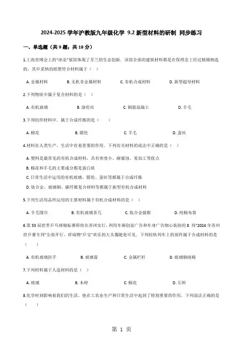 2024-2025学年沪教版九年级化学 9