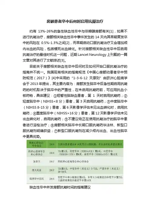 房颤患者卒中后何时启用抗凝治疗