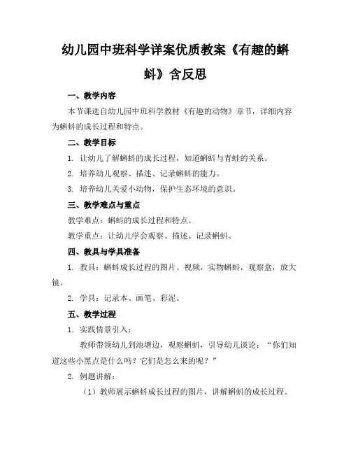 幼儿园中班科学详案优质教案《有趣的蝌蚪》含反思