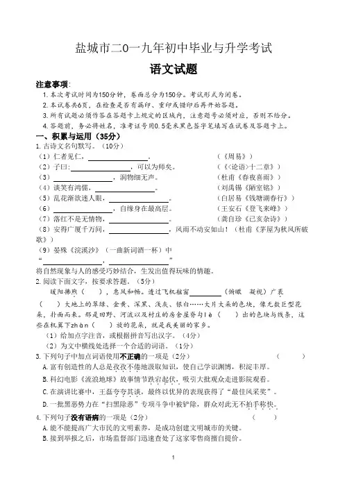 盐城市2019年中考语文试题(含答案)