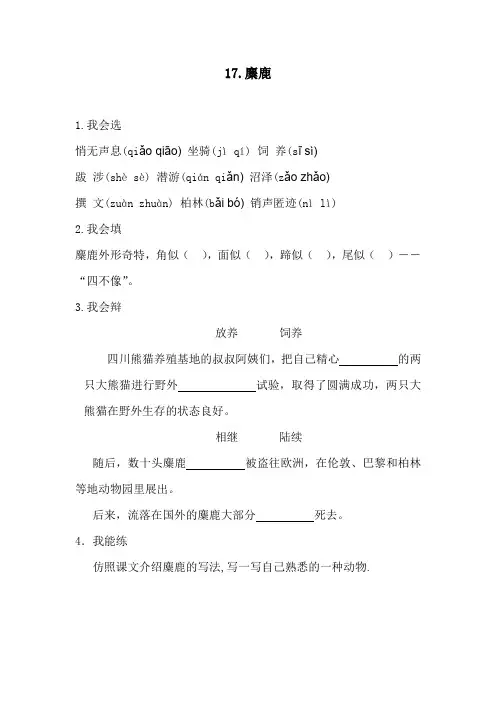 六年级上册语文17.麋鹿苏教版测试