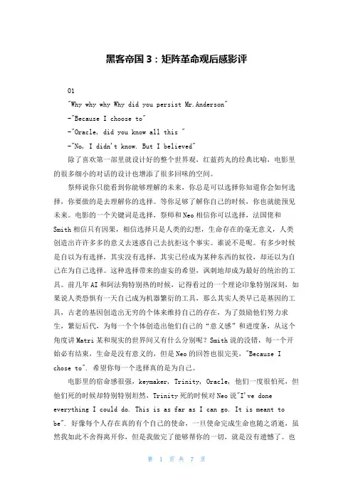 黑客帝国3：矩阵革命观后感影评