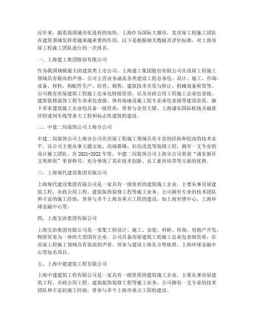 上海房屋工程施工团队排名