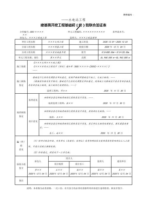 建基面开挖工程基础初(终)验联合签证表 (2)