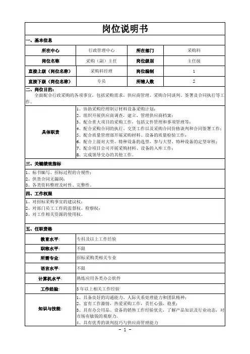 采购(副)主任岗位说明书