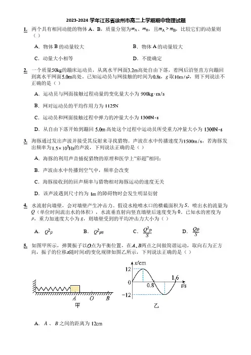 2023-2024学年江苏省徐州市高二上学期期中物理试题