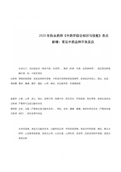 2020年执业药师《中药学综合知识与技能》考点新增：常见中药品种不良反应