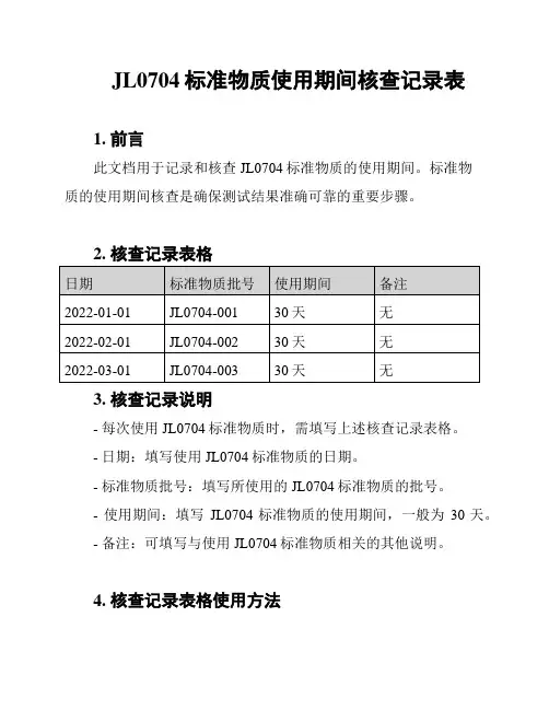 JL0704标准物质使用期间核查记录表