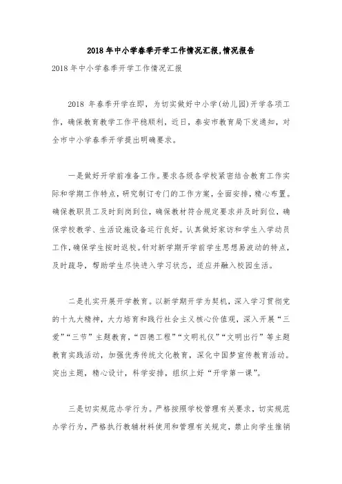 2018年中小学春季开学工作情况汇报,情况报告