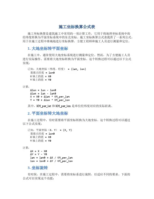 施工坐标换算公式表