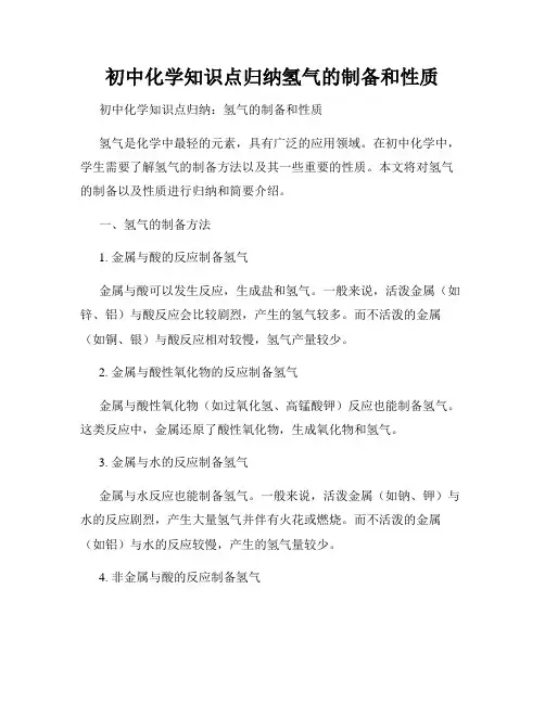 初中化学知识点归纳氢气的制备和性质