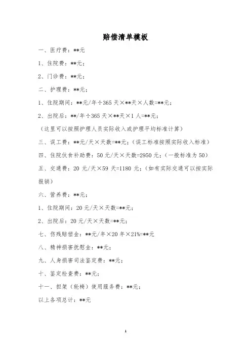 交通事故赔偿清单模板