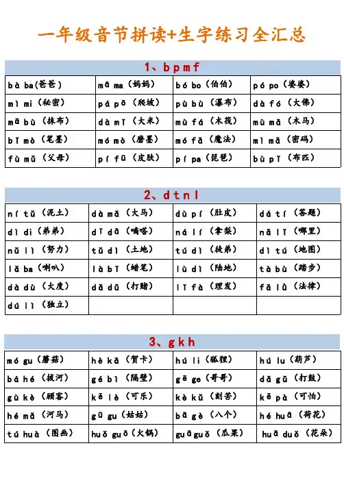 一年级上册语文音节拼读及生字练习全汇总
