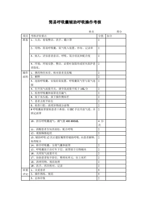 简易呼吸囊操作考核评分标准