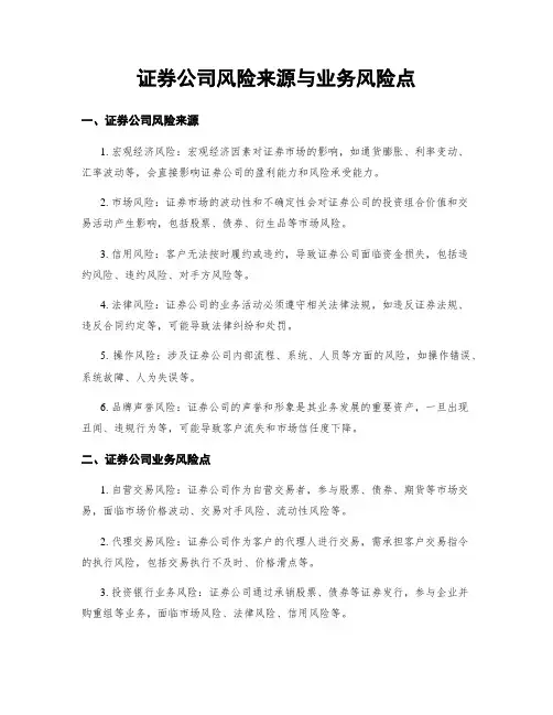 证券公司风险来源与业务风险点