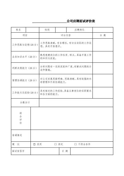 应聘面试评价表