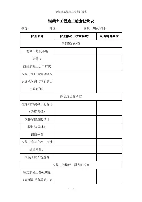 混凝土工程施工检查记录表